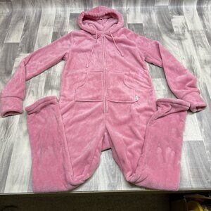 ✅Hoodie-Footie By Pajamagram Womens MEDIUM Pink 1-Piece Fleece Pjs NO FOOTIES